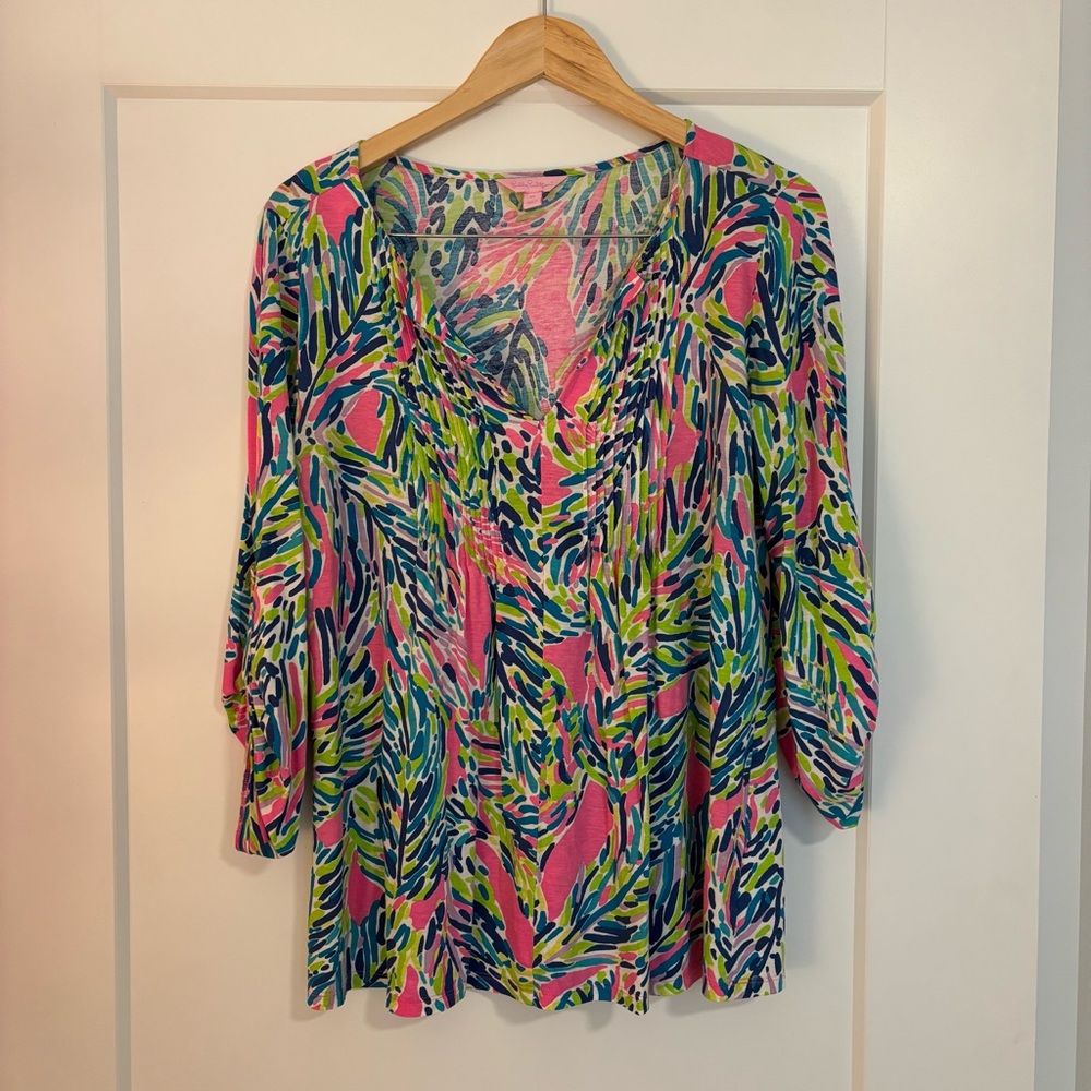 Lilly Pulitzer Braylen Tunic Top Multi Palm Reader